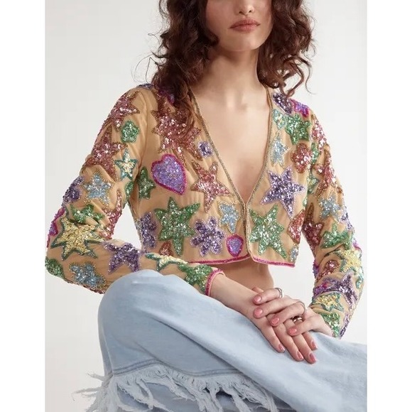 Nasty Gal Jackets & Blazers - Nasty Gal Jacket Women 6 Nude Star Heart Embellished Sequin Cropped Bolero